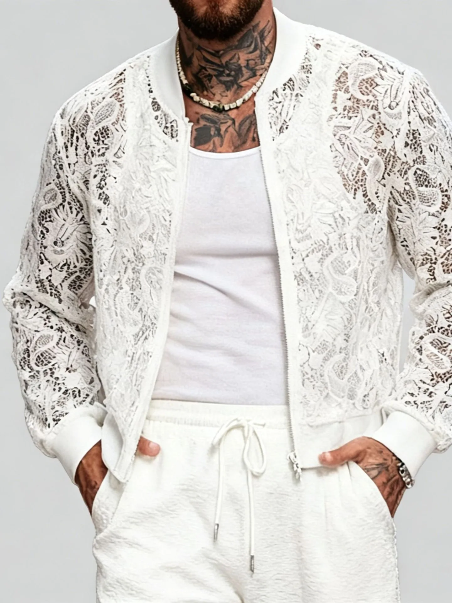 

Spring Summer Lace Jacquard Jacket For Men European and American Casual Fashion Male Hollowed Out Sexy Perspective Baseball Coat