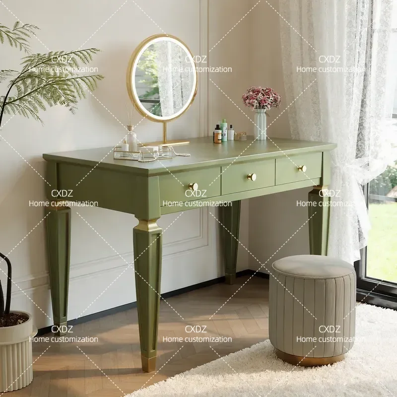 Olive Green Solid Wood Dressing Table Modern Light Luxury Makeup Desk with Mirror 0.9m Small Bedroom Vanity 2026 New