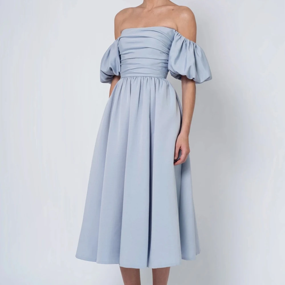 

Bespoke Dresses For Formal Occasions Off the Shoulder Tea Length Pleats Straight Boat Neck Empire Zipper Back Solid Color