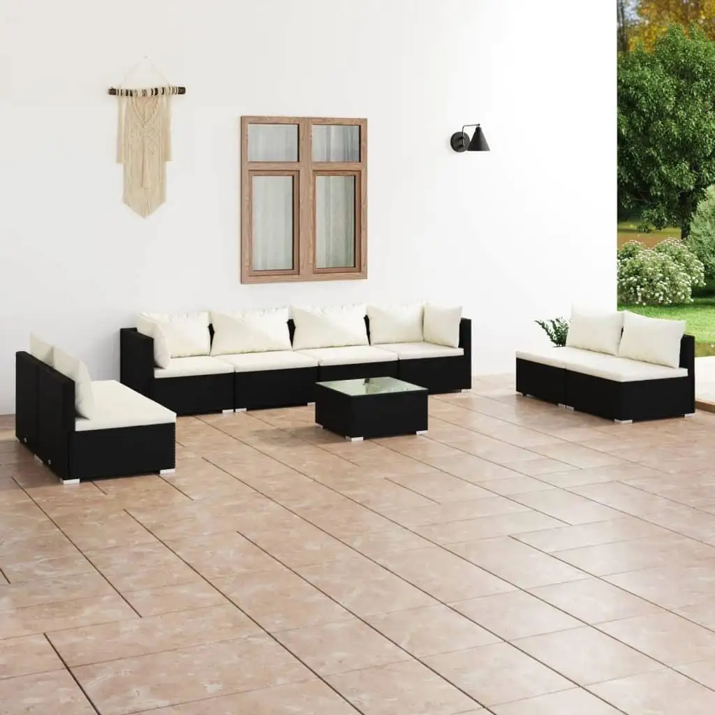 9-Piece Black Poly Rattan Patio Lounge Set with Cushions – Stylish Outdoor Furniture