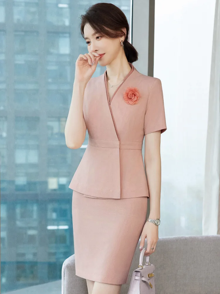 New Styles Summer Short Sleeve Formal Women Business Suits with Skirt and Tops Ladies Office Work Wear Professional Blazers Set