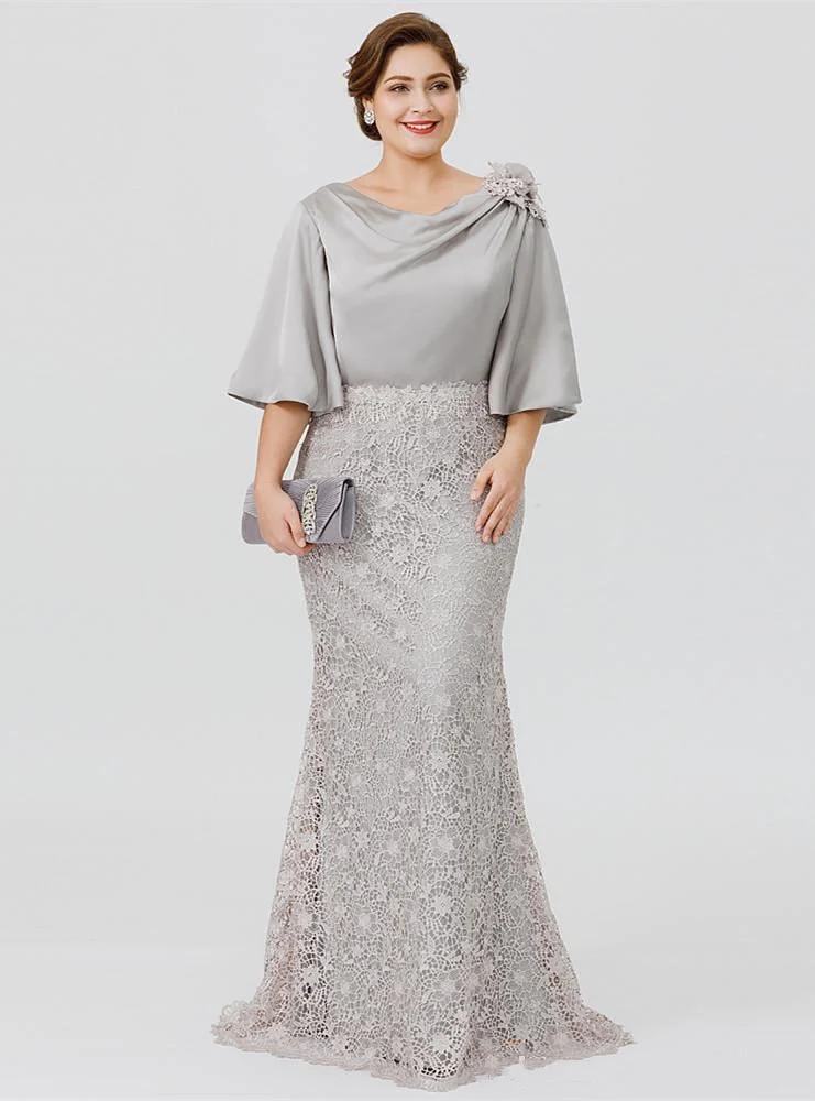 

Elegant Silver Mother of the Bride Dress Grey Stain 3/4 Flare Sleeves Lace Applique O-Neck Wedding Evening Party Gowns Plus Size