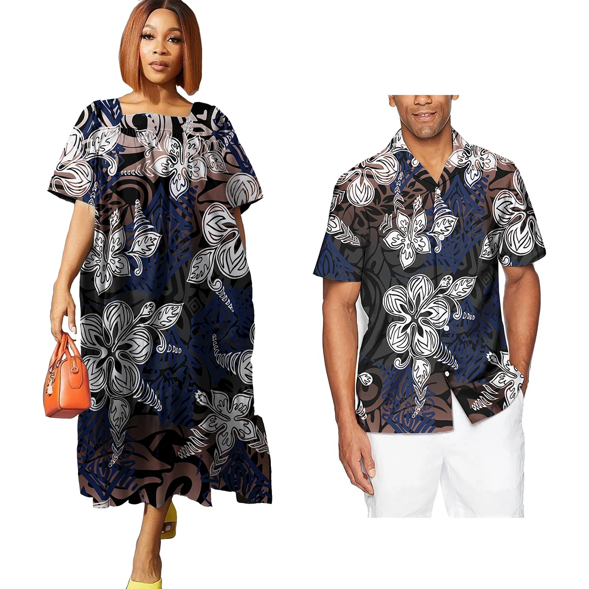 Custom Logo Wedding Party Couple Sets Polynesian Tribal Fijian Print Couple Matching Outfit Clothes Women Dress Men Aloha Shirts