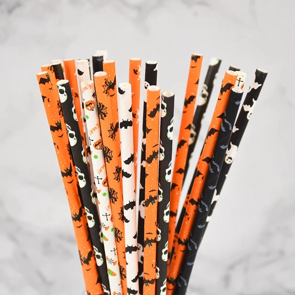 

100pcs Halloween Paper Straws Pumpkin Bat Spider Ghost Pattern Drinking Straw Halloween Party Home Bar Decoration Supplies