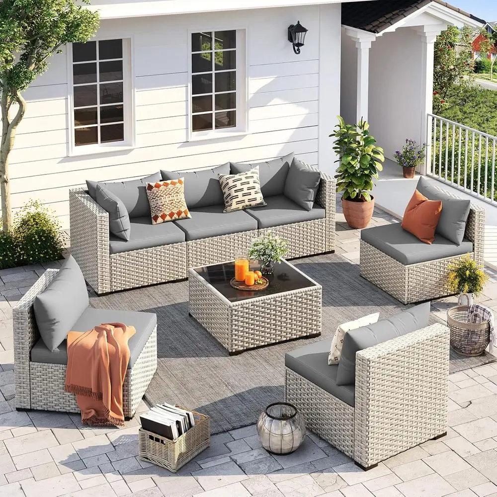 

7-Piece Grey PE Wicker Outdoor Sectional Sofa Set with Tea Table for Patio, Garden, Backyard