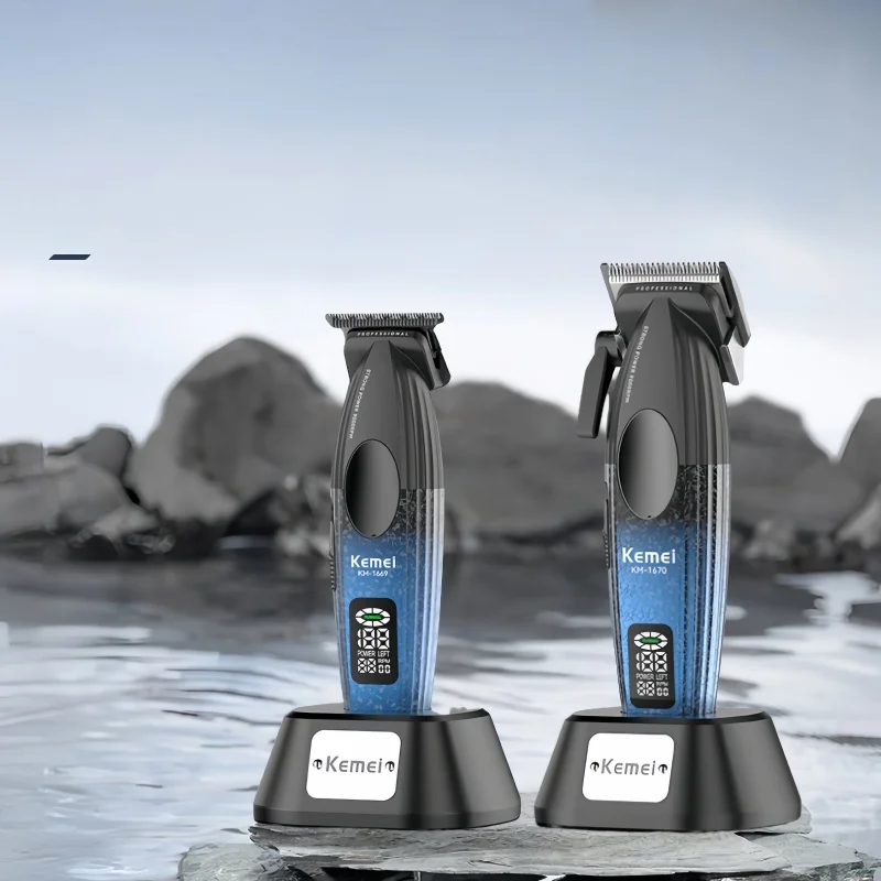 Kemei KM-1669 KM-1670 Professional Cordless Hair Clipper – Salon-Grade Hair Trimmer with HD Cool Light LCD Screen, Styling Kit
