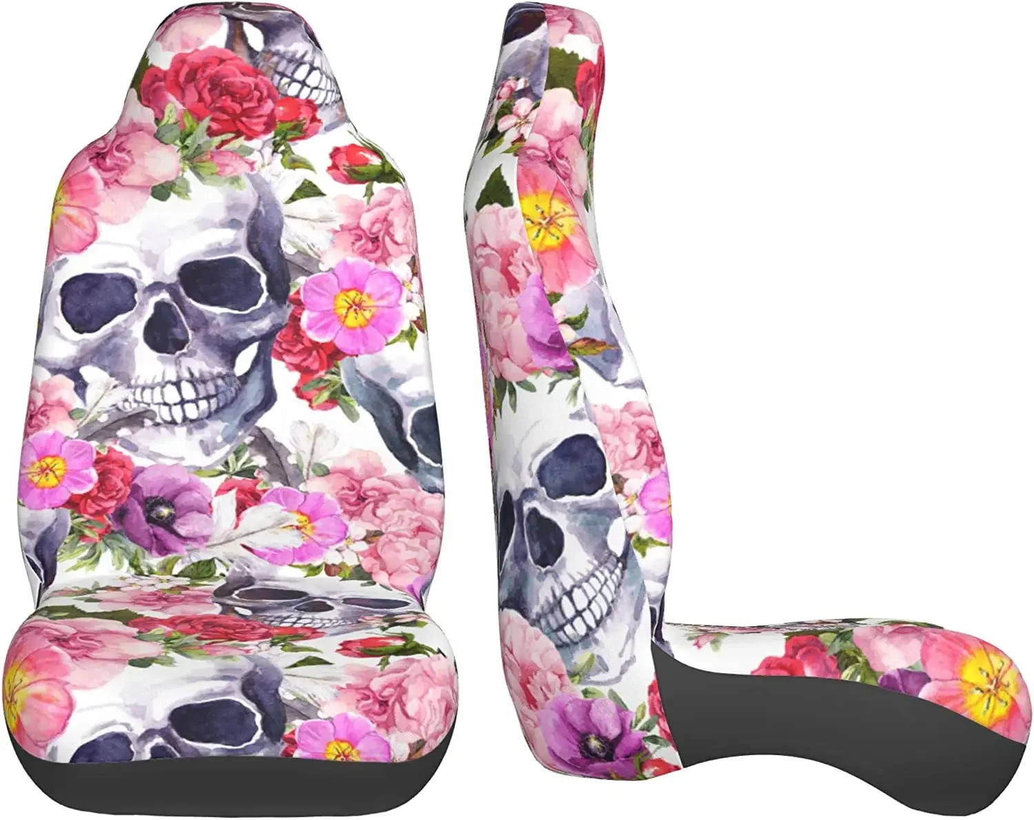 White Skulls Pink Flowers Car Seat Covers Vehicle Front Seat Covers Universal Fit Seat Protector 2 Pcs