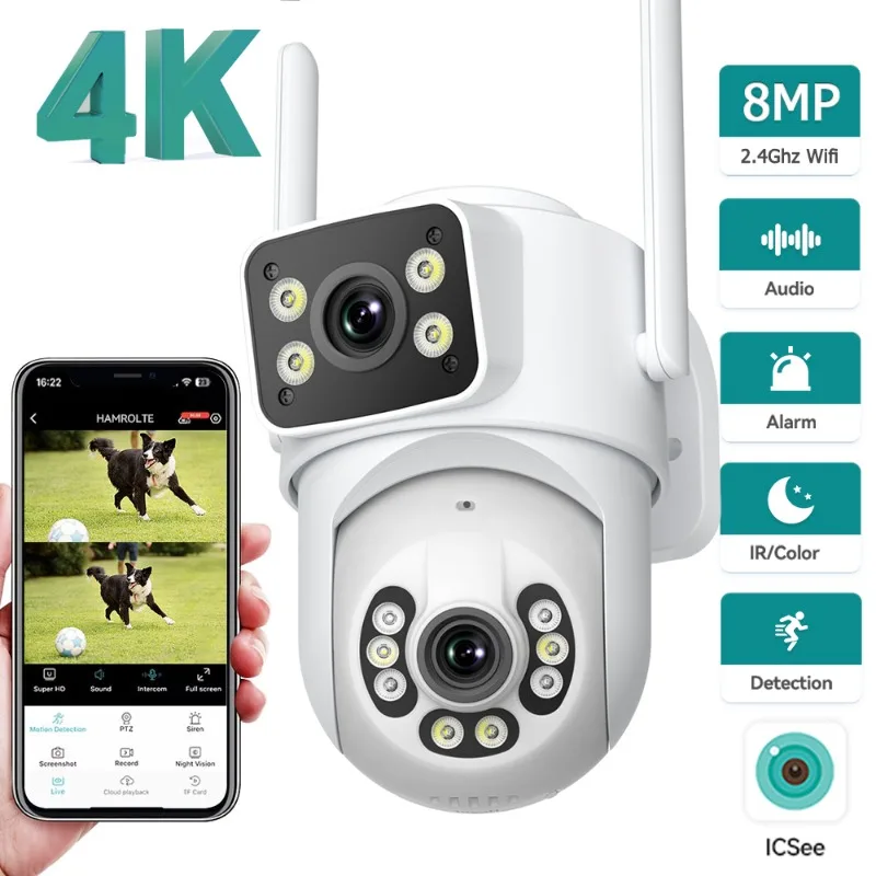 4K 8MP WiFi PTZ Camera Dual Screen Outdoor IP66 Waterproof Auto Tracking Human Detection Surveillance Camera Security Protection