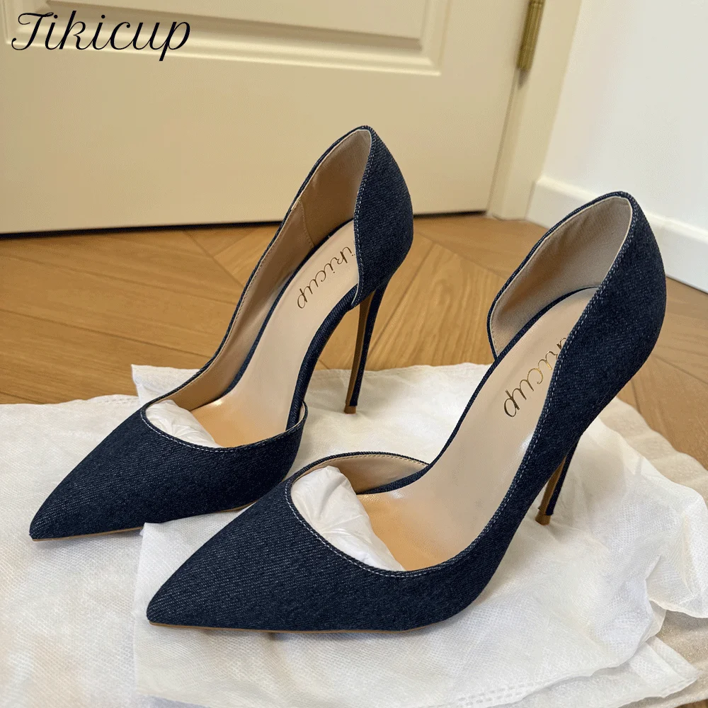 Tikicup Tacones altos clásicos de mezclilla con punta en pico para mujer, zapatos de tacón con corte de aguja ajustados, trajes elegantes e informales cómodos, looks de oficina