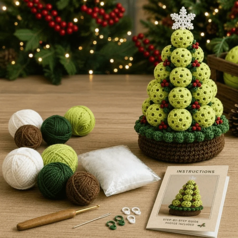 3D Crochet Christmas Tree Kit Multi-layered Basketball Knitted Christmas Tree Craft Set Beginner-Friendly Handmade