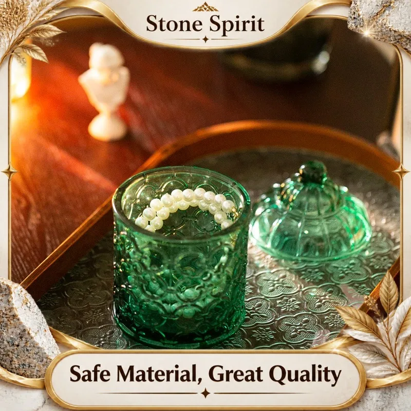 【Premium】Vintage Emerald Green Glass Storage Jar | Transparent Organizer for Cotton Swabs & Jewelry | Mid - Century Modern Decor