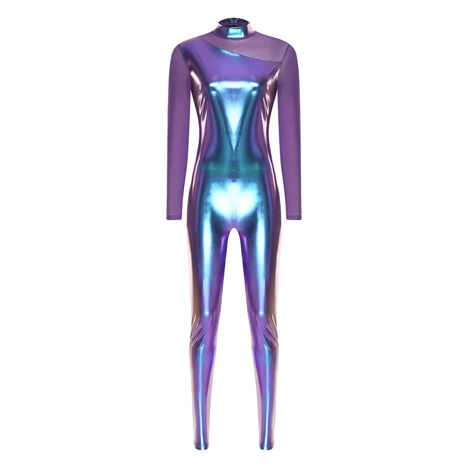 Mono metálico brillante para mujer, peleles de cuerpo entero de manga larga con retazos de malla transparente, traje de gato para Fiesta Disco y Club