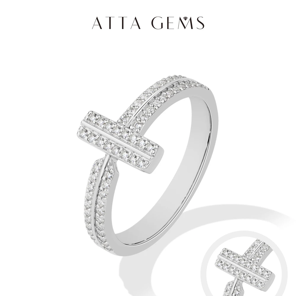 

ATTAGEMS 925 Sterling Silver Moissanite T-Bar Ring Double Band Paved Luxury Design Rings for Women Engagement Party Jewelry Gift