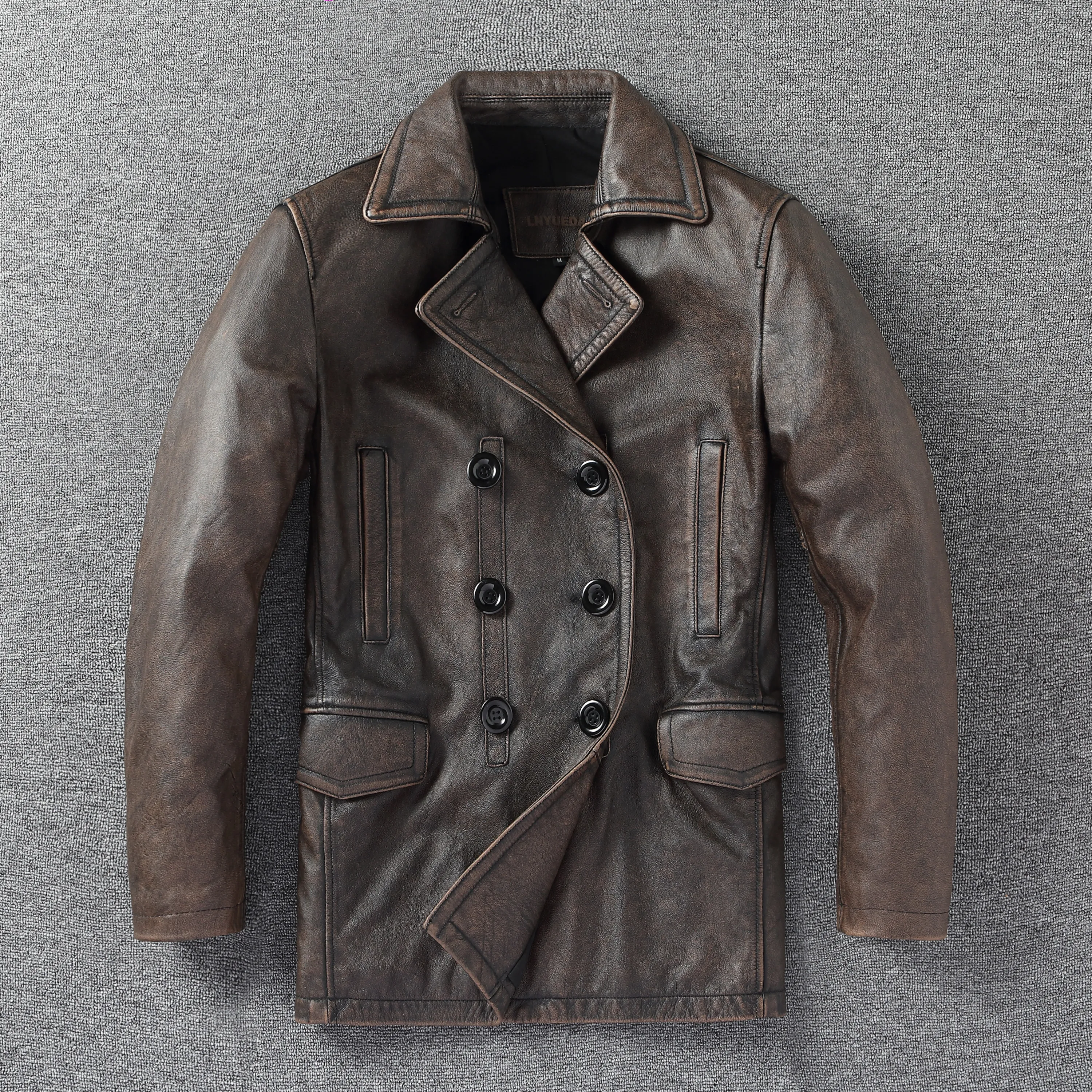 Men American Vintage Double Breasted 740 Coat, Stone Washed Distressed Genuine Leather Mid-length Trench, Cowhide Leather Coat