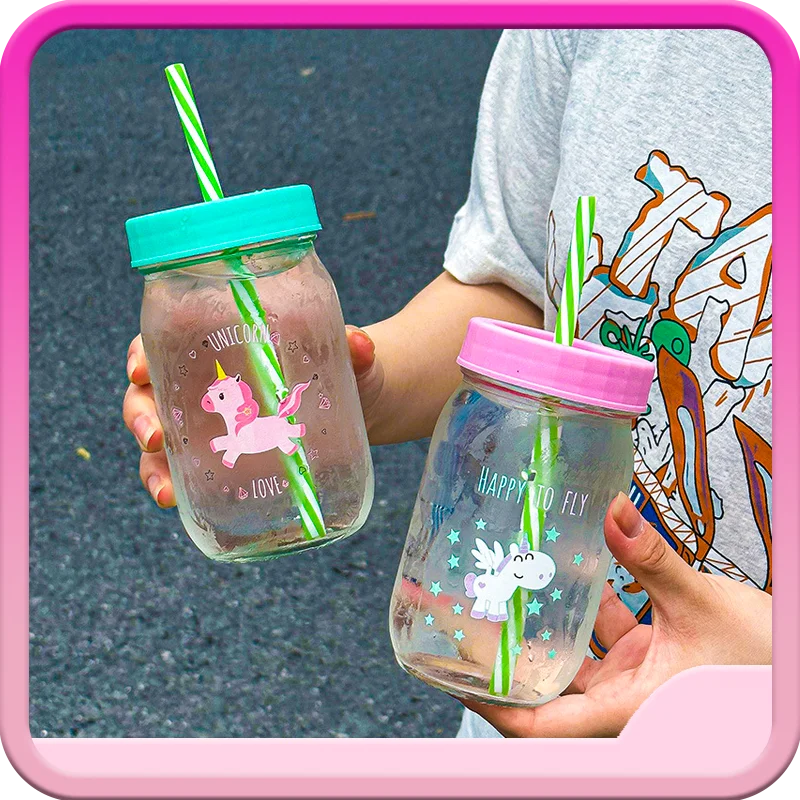 480ml Mason Bottle Straw Large Glass Unicorn Water Cup Milk Tea Cup Holiday Birthday Gift Water Cup Home Ornaments Animation