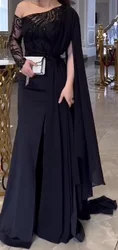 One Shoulder Evening Dresses Beadings Long Sleeves Prom Dress Floor Length Saudi Arabia Women's Formal Dress Customized