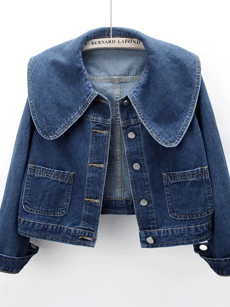 Peter Pan Collar Denim Jackets For Women Korean Fashion Long Sleeves Button Jean Coat Vintage Crop Female Casual Loose Outwear