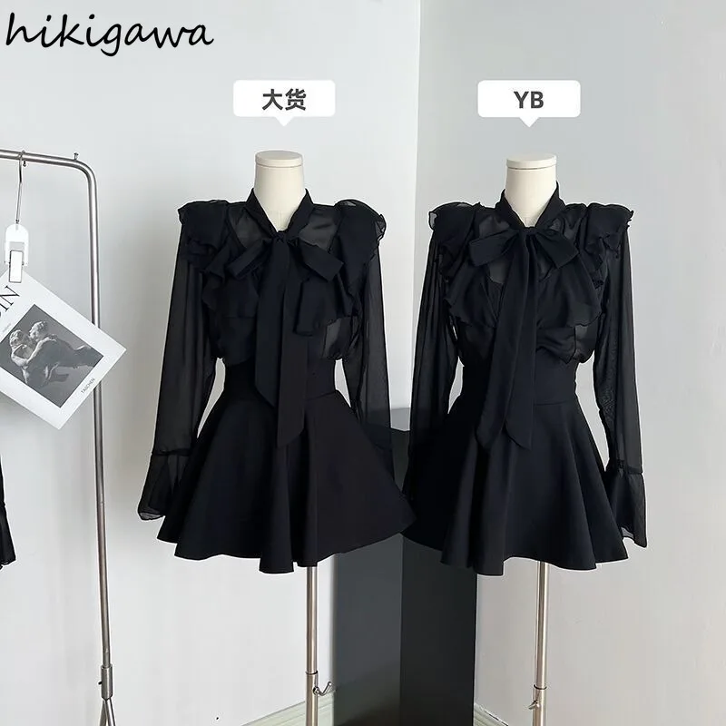 Korean Two Piece Sets Womens Outfits Roupas Femme Black Chiffon Shirt High Waist A-line Mini Skirts Suit Vintage Summer Set