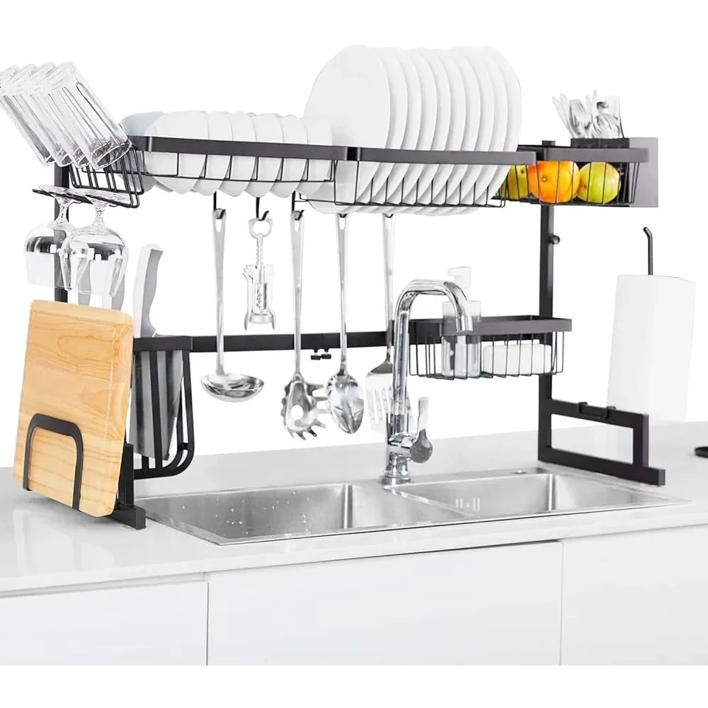 

Dish Drying Rack Adjustable 2 Tier Large Stainless Steel Dish Drainer for Countertop Organizer with 5 Utility Hooks -Black