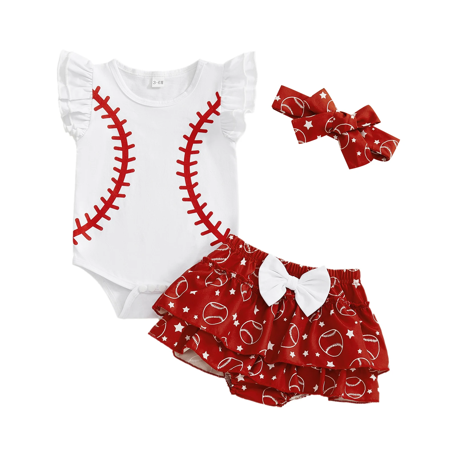 

Комплект с бейсбольным принтом для маленьких девочек: повседневный комбинезон без рукавов на пуговицах с милой юбкой-бантом и повязкой на голову для тематической вечеринки или дня рождения