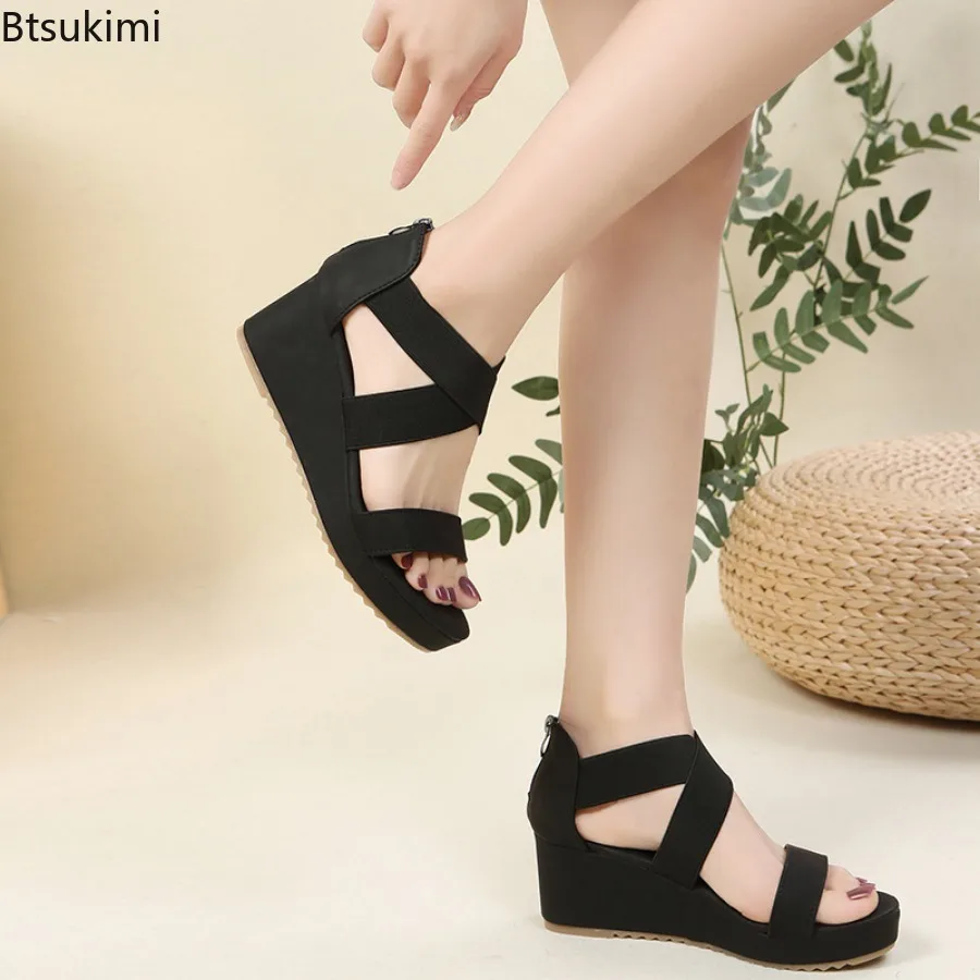 New Wedge Sandals for Women 2024 Summer Fashion Cross-strap One Word Roman Shoes Ladies Chunky Soled Back Zip Peep Toe Sandalias