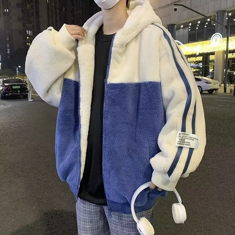 

Новинка 2025, мужское зимнее свободное пальто из хлопка с мехом ягненка на подкладке Thiened Fce, молодежное теплое длинное пальто с капюшоном Sve