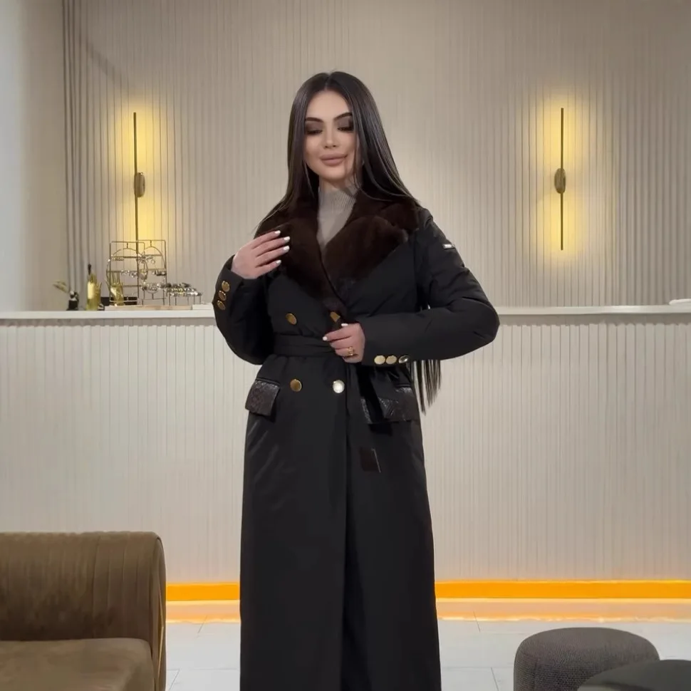 Cappotto con cappuccio invernale 2024 in cotone lungo da donna con collo in pelliccia di Jaet, cintura stretta, casual, in tessuto romano