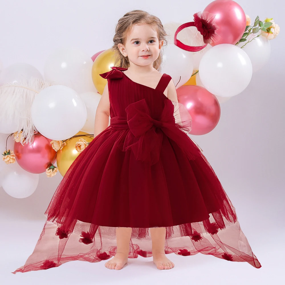 

Red Tulle Baby Girl Dress Trailing Toddler 1st Birthday Party Dresses For Girls Princess Wedding Gown Kids Evening Vestidos 0-3Y