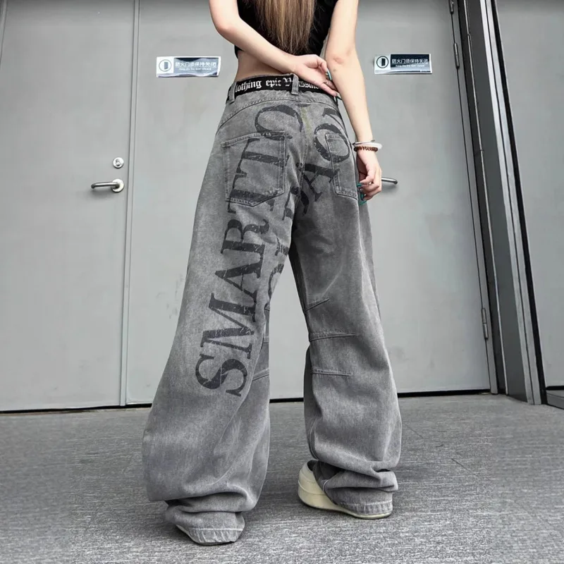 ANJY خريف جديد الأمريكية خمر العصرية خطابات طباعة المد الدنيم السراويل للجنسين فضفاض ملابس الشارع الشهير شيك واسعة الساق الجينز A15407
