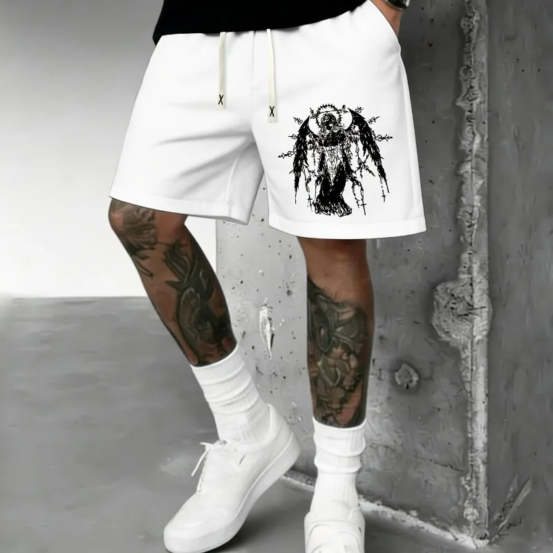 Men's Summer Drawstring Waist Print Shorts Trend Dark Style Print Dark Gothic Retro Punk Men's Casual Shorts Summer New Style