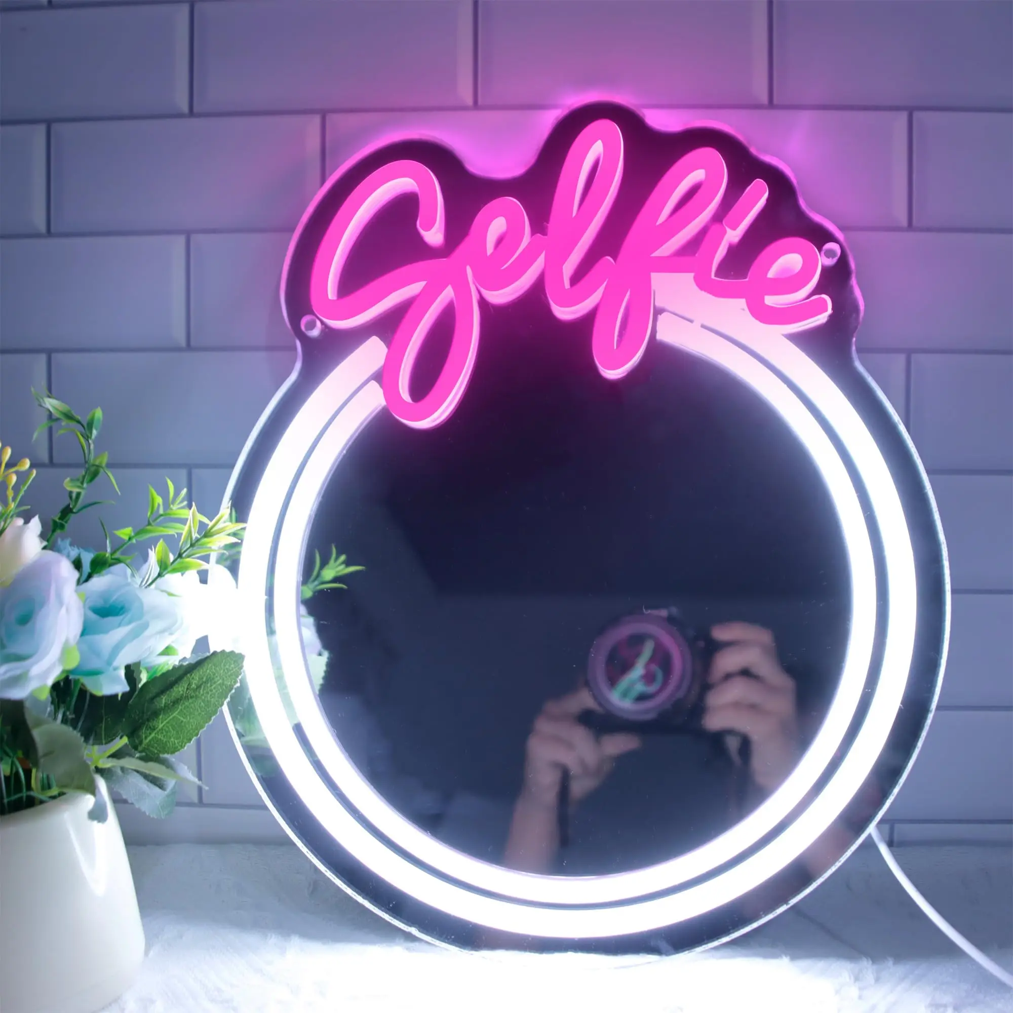 

Selfie Circle LED Neon Mirror Light Sign Acrylic Mirror Neon Light Hanging Mirror Neon Sign for Dresser Hallway Room Gifts