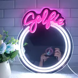 Selfie Circle LED Neon Mirror Light Sign Acrylic Mirror Neon Light Hanging Mirror Neon Sign for Dresser Hallway Room Gifts