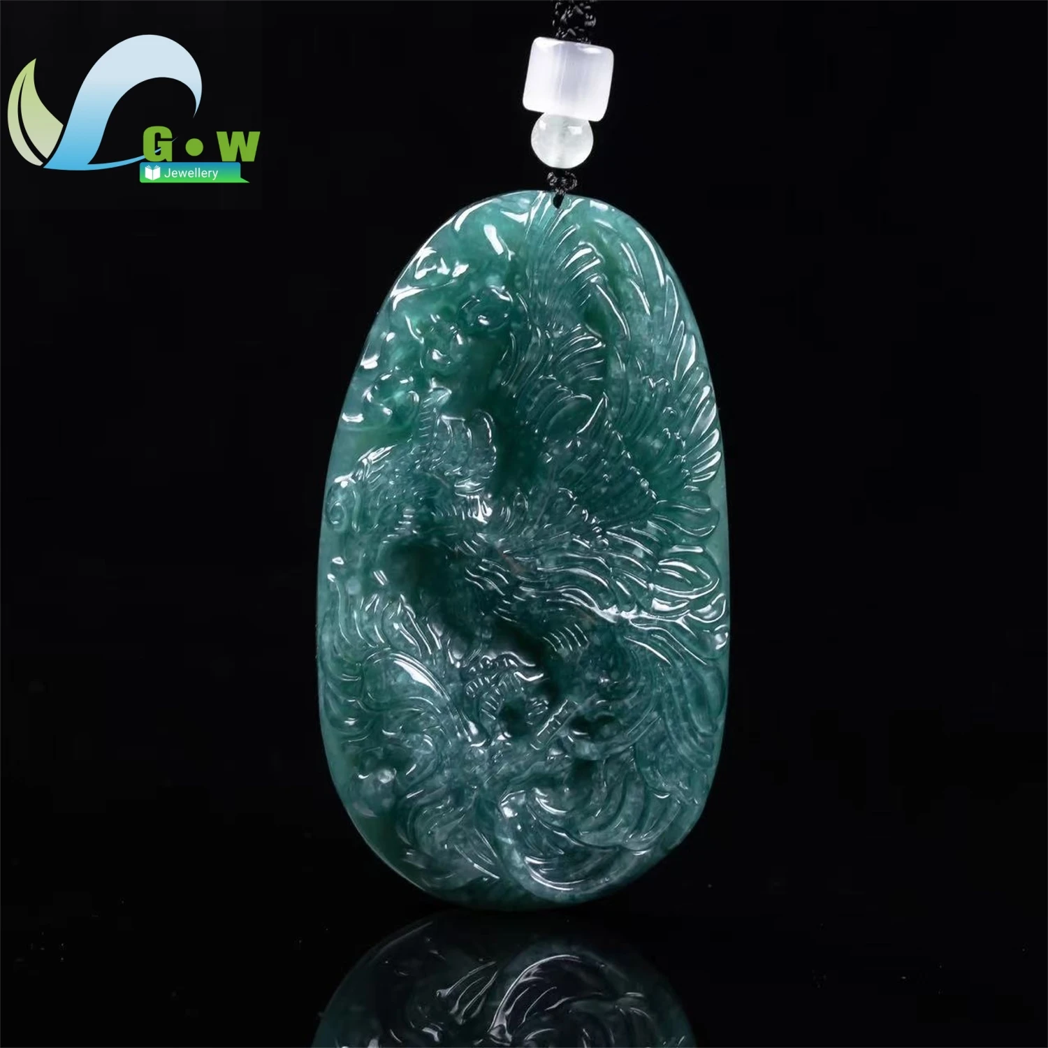Natural A Grade Jadeite Blue Water Icy Dragon Plaque Pendant Drifting Floral Round Bead Chain Necklace Hanging Ornament Unisex