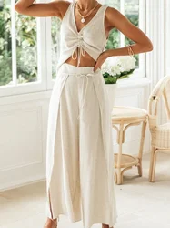 Casual Fashion Two Piece Set Women Cotton Linen Drawstring V Neck Crop Top Split Lace Up Pant Wide Leg trousers women 2023