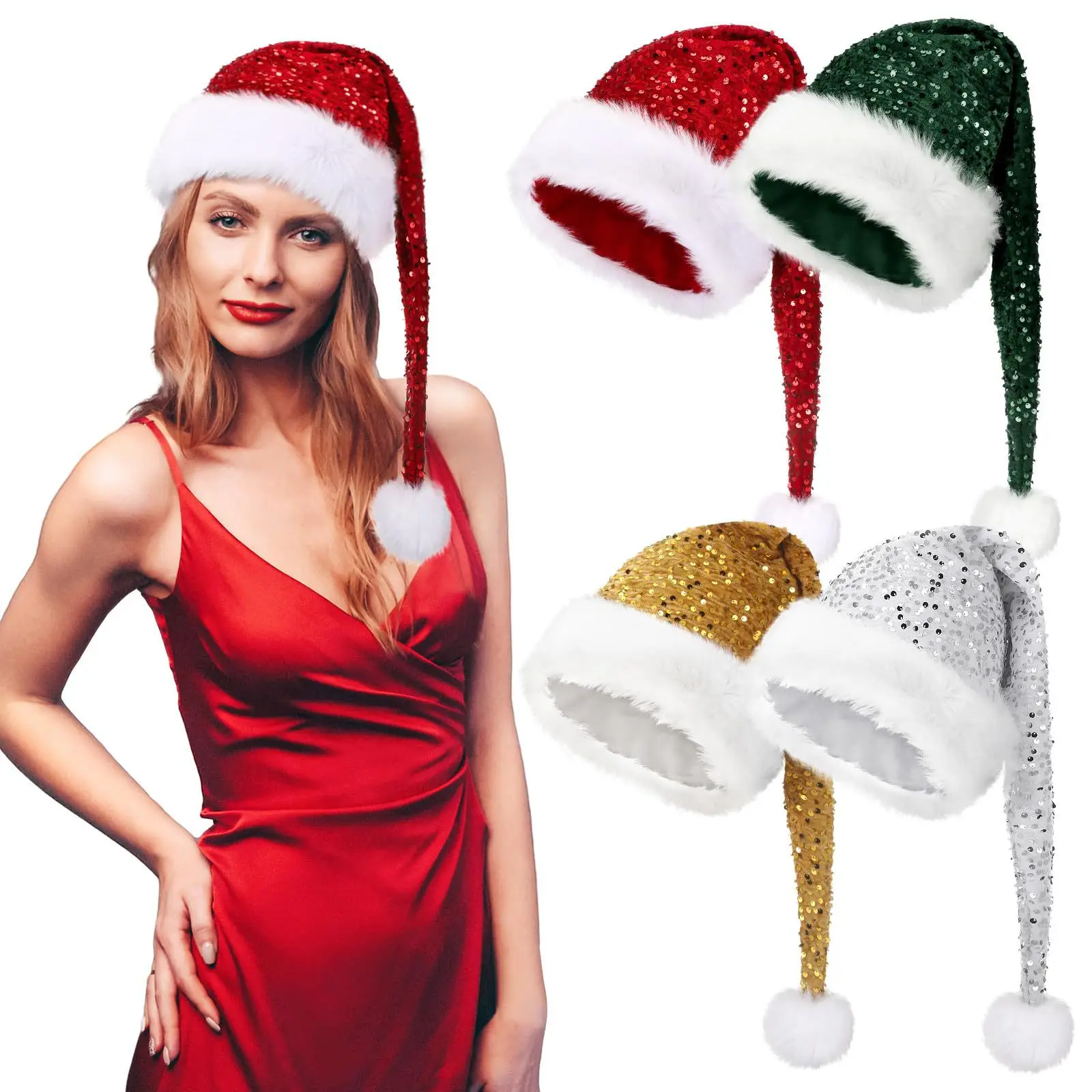

Long Tail Cap Soft Plush Santa Hat Sequin Christmas Hat Non-Toxic Christmas Party Hat For Christmas Parade Family Gathering