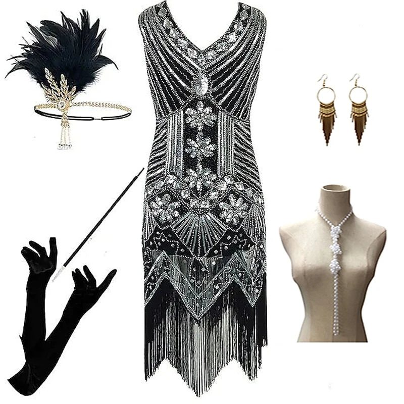 20s 1920er Jahre Cocktail kleid Vintage Flapper Kleider Frauen Feder Pailletten sexy Quaste Kostüm Cosplay