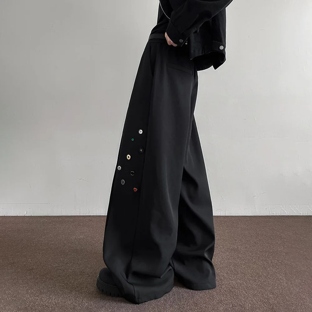 남성 바지 단추 장식 얇은 캐주얼 바지 봄 가을 거리 착용 패션 청소년 캠퍼스 넓은 다리 바지 남성복 2025