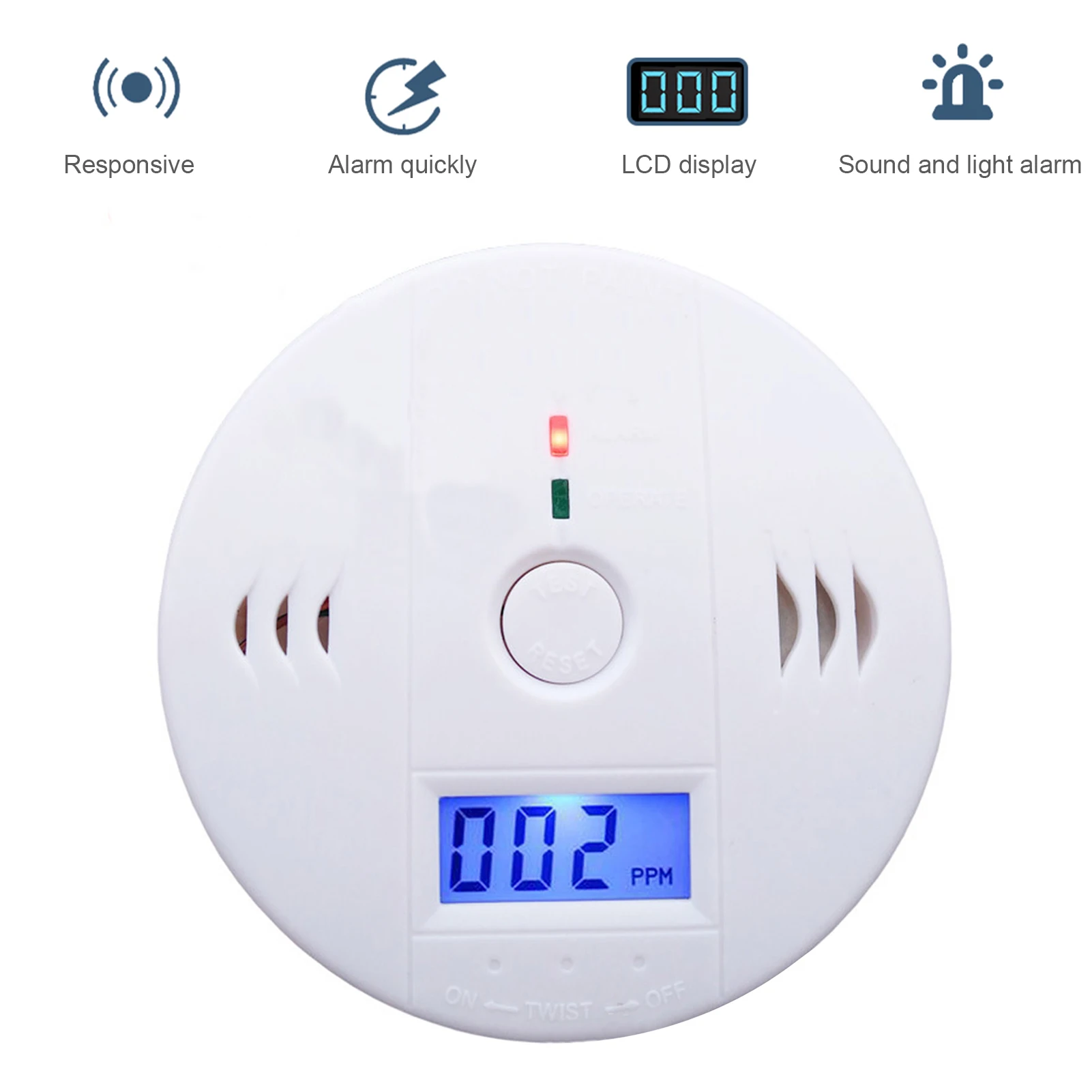 Carbon Monoxide Alarm Smoke Detector Carbon Monoxide Detector Powered by Battery with LCD Display Voice Warning