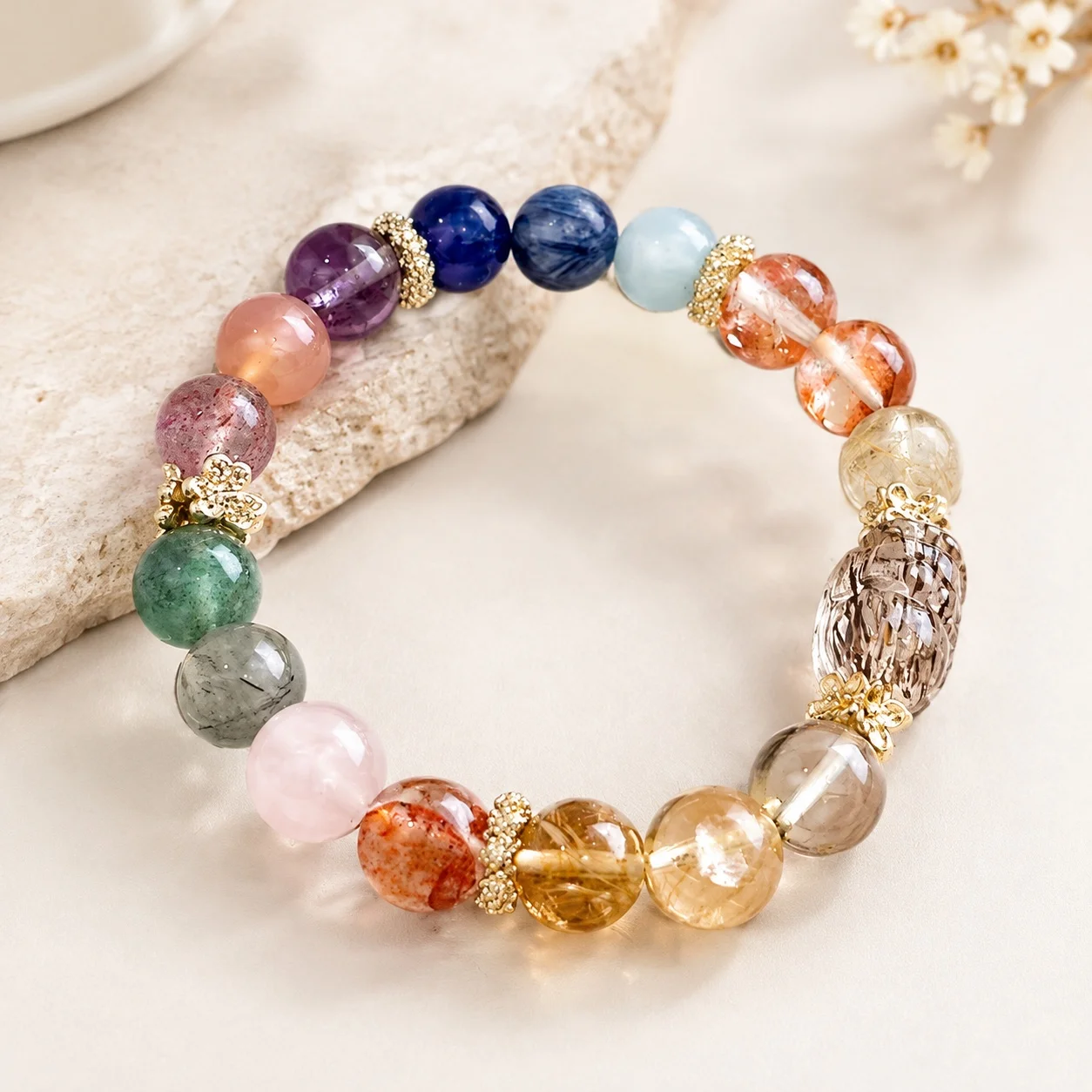 Multicolored Beaded Bracelet with Animal Motif Pixiu Rutilated Quartz and Citrine in Mixed Material and Crystal for Women Gift