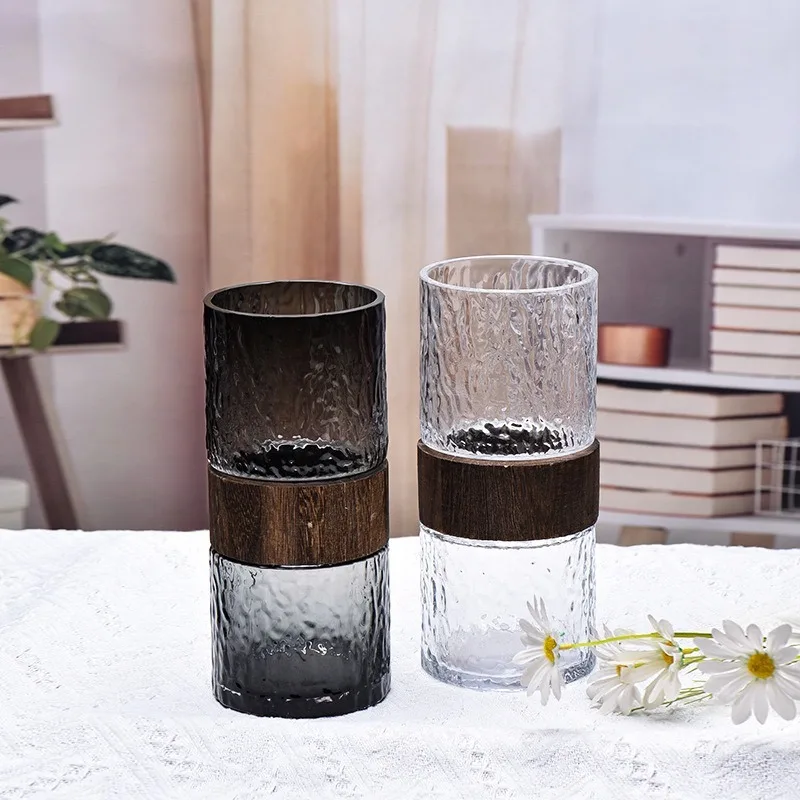 Art deco minimalist creative large hydroponic lucky bamboo vase, natural wood base, glass tabletop
