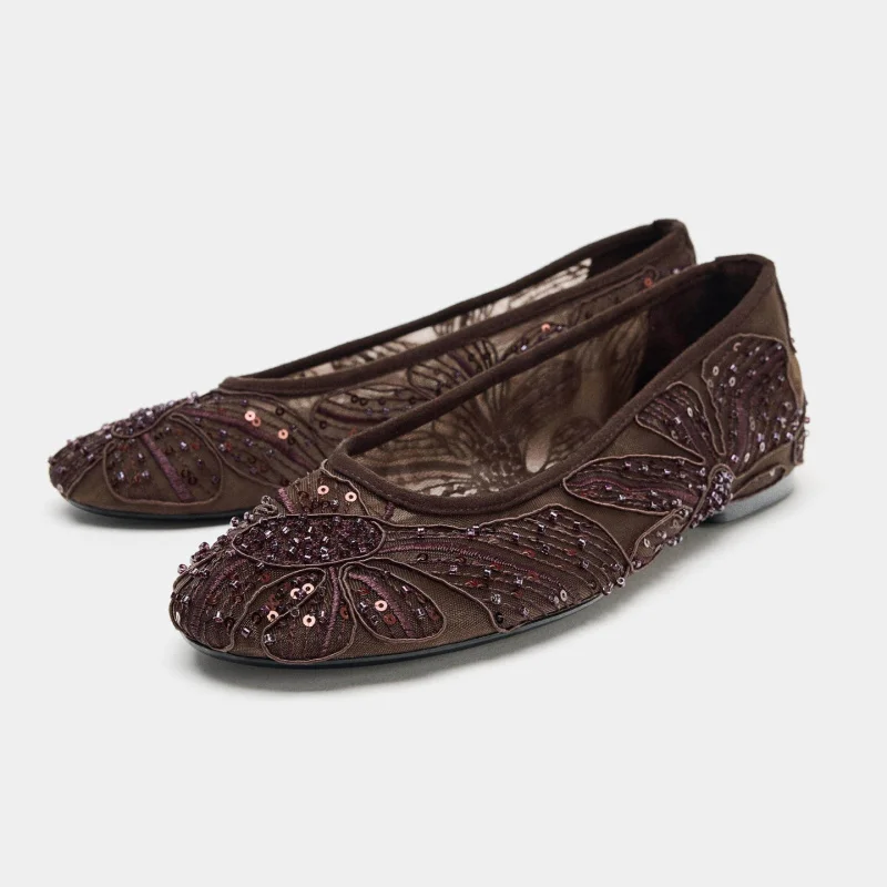 

Embroidered beaded mesh ballet flats casual women's shoes versatile Mary Jane shoes breathable mesh shallow single shoes for wom