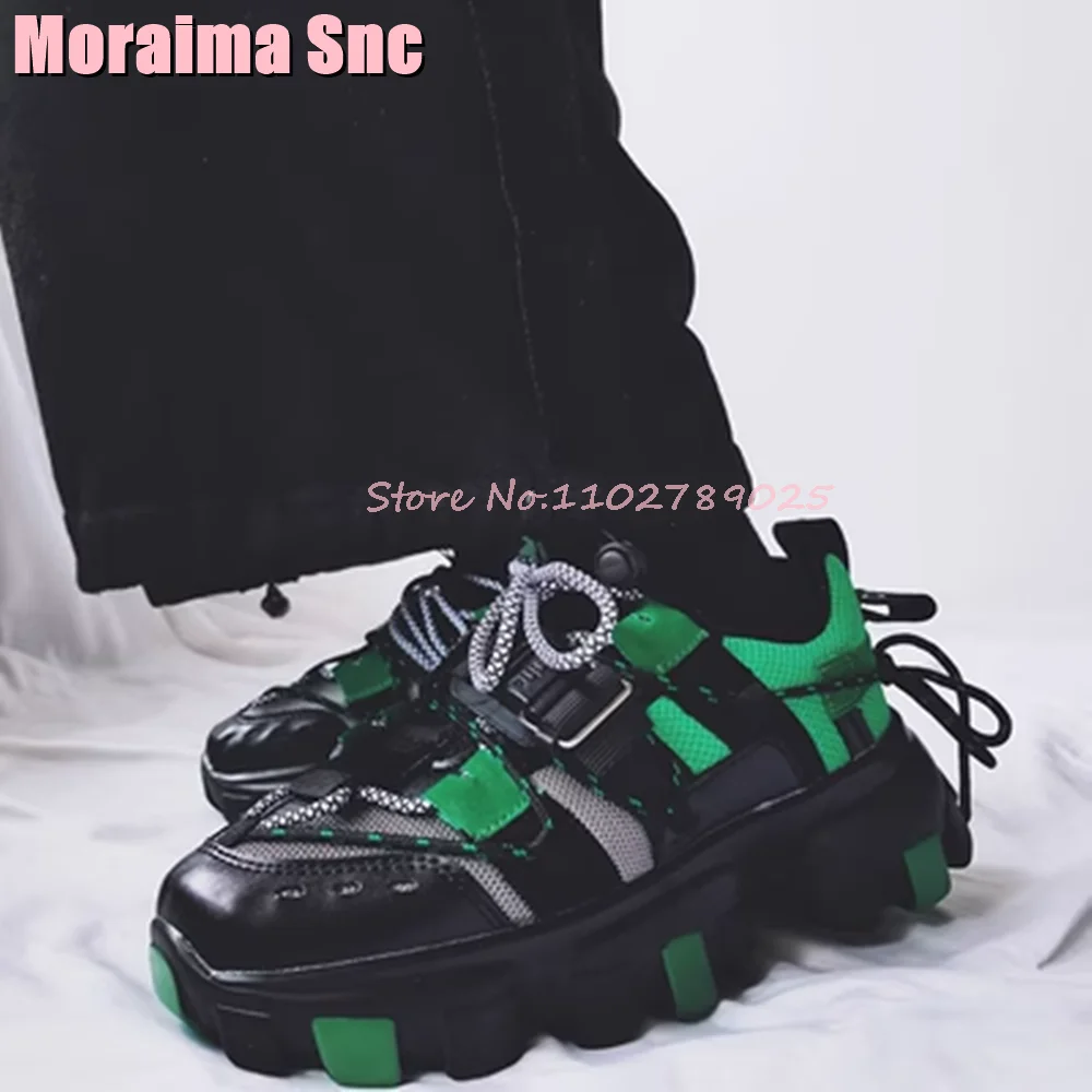 Mixed Colors Thick Sole Lace Up Sneakers Buckle Round Toe Dad Shoes Sports Increasing Height Fashion Spring Autumn 2023 Newest