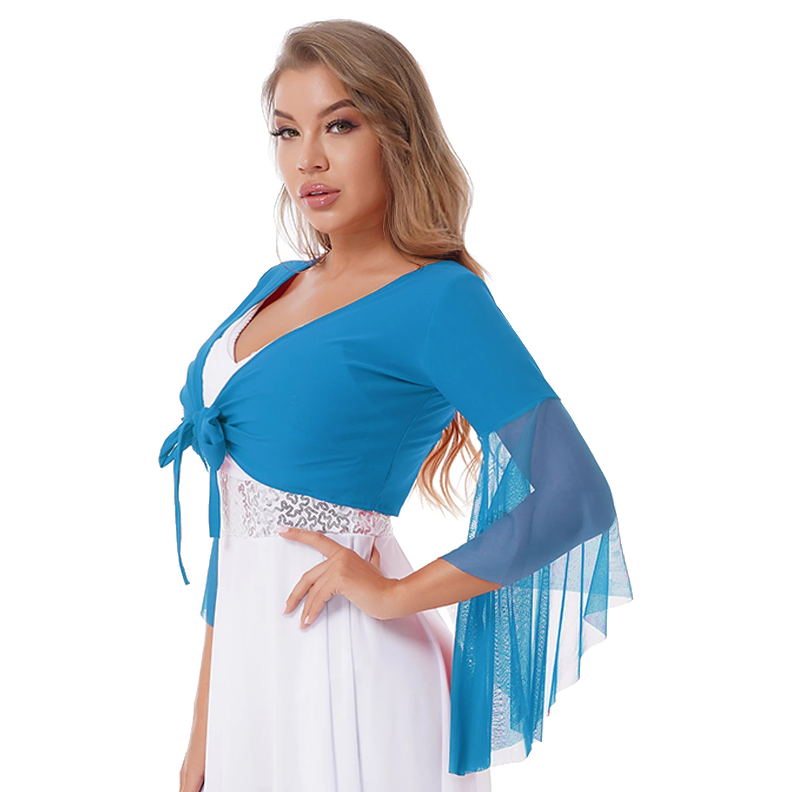 Womens Belly Dance Crop Top Costume 3/4 Tulle Flared Sleeve V Neck Lace-up Femme Belly Dance Top Stage Performance Dancewear