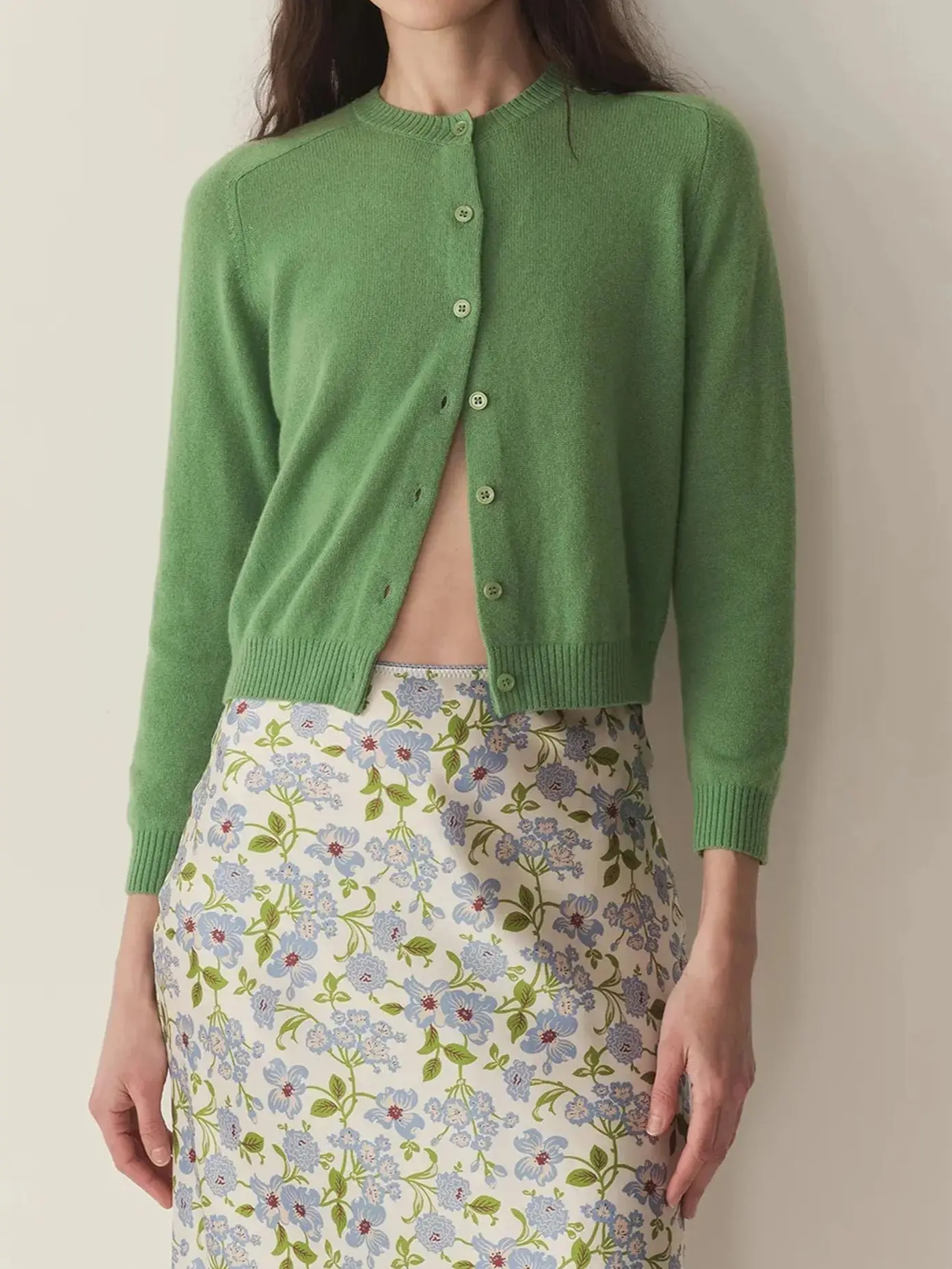 

Women Green Knitted Cardigan Round Neck Long Sleeve Single Breasted Casual Female Pure Cashmere Sweater