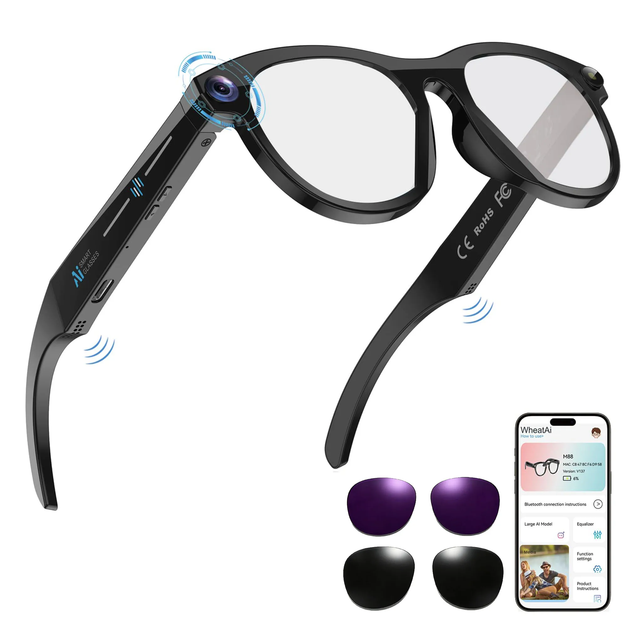 Black Smart Ai Glasses for Men, Women, 8 Mp Ultra-Wide Camera Smartglasses Open-Ear Audio, Video Recording, Bluetooth Sunglasses
