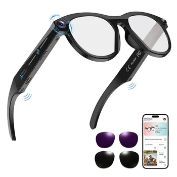Czarne inteligentne okulary AI dla mężczyzn i kobiet, 8 MP ultra-szerokokątna kamera, okulary inteligentne z audio open-ear, nagrywanie wideo, okulary przeciwsłoneczne Bluetooth.