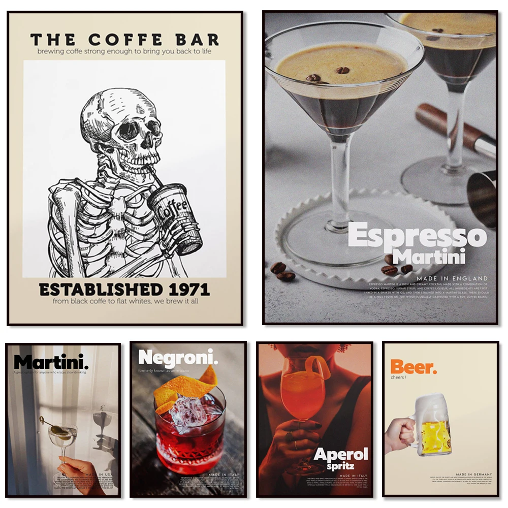 Beer poster, coffee print, italian negroni, espresso martini, aperitif, cocktail print, vintage poster, bar kitchen decor gift