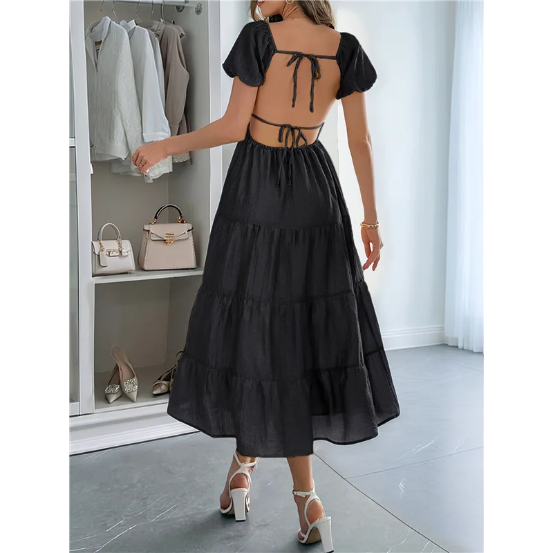 NUOVO-Abito longuette casual estivo da donna Abiti gonfi a maniche corte con scollo a V e volant a strati