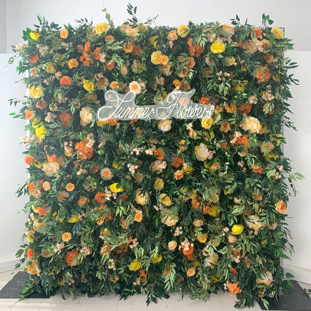 

Luxury 3D Yellow Orange rose green leaf artificial mixed plant flower wall Outdoor wedding background proposal decorative props