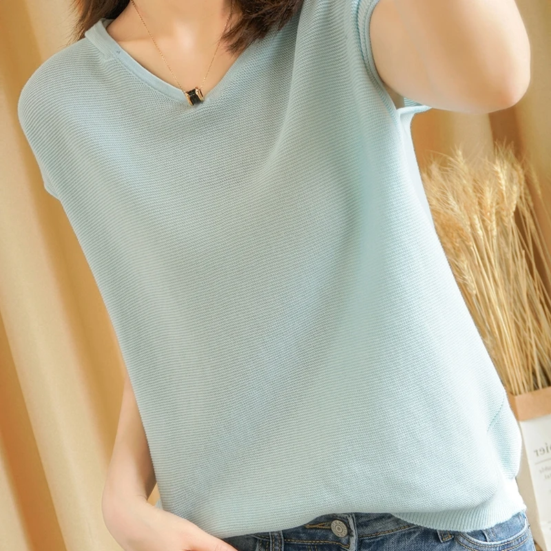 Women's T-shirt Summer New 100% Cotton Knitted Short Sleeve Casual Solid Tees Loose Hooded Collar Tops Ladies Blouse